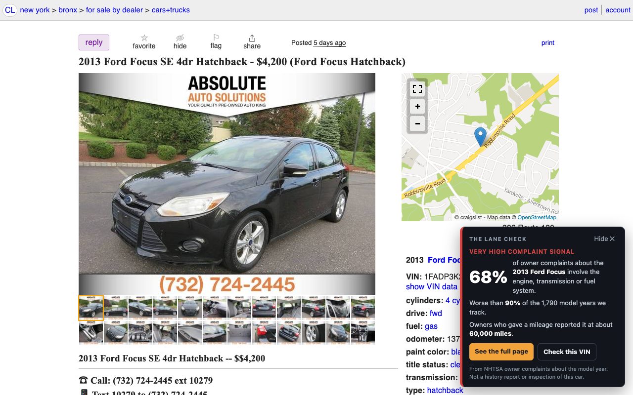 A Craigslist listing for a 2013 Ford Focus with The Lane Check card in the corner: very high complaint signal, 68 percent of owner complaints.
